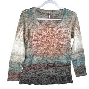 Kiara Womens Medium Mandala Burnout Thermal Top Studded Long Sleeve Multicolor